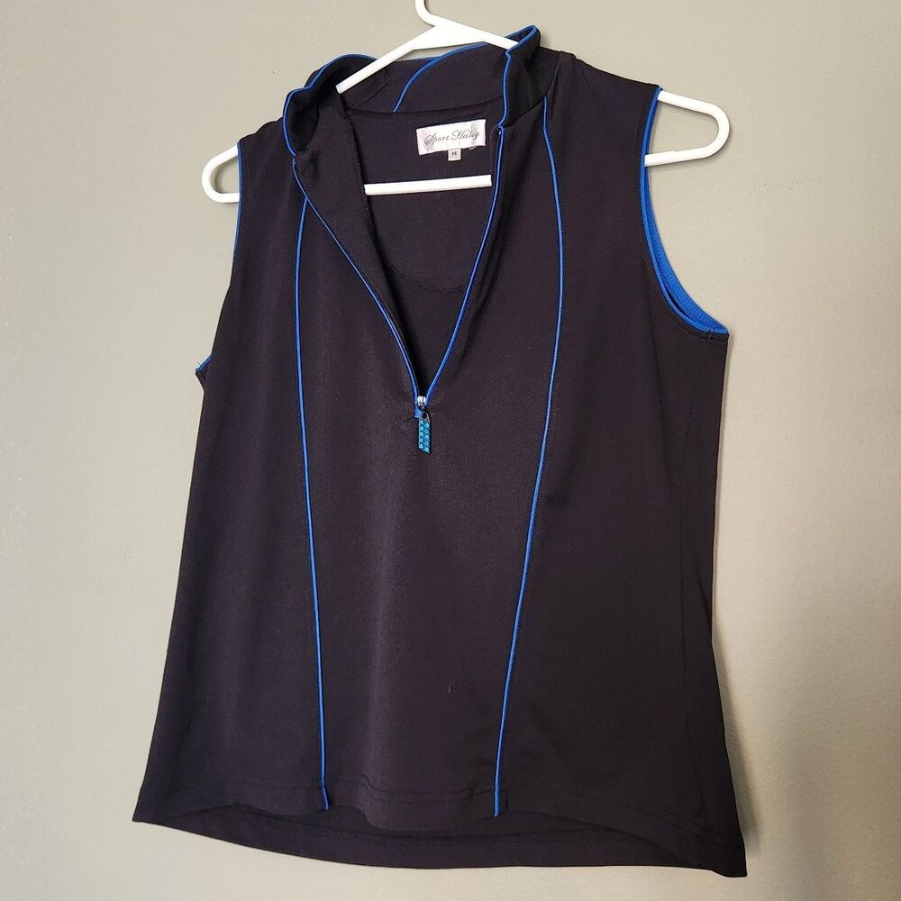 Sport Haley Women's Athletic Sleeveless Zip Polo Tank Top, Blue, Black Medium
